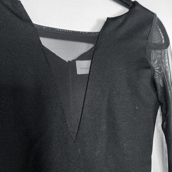 Amanda Uprichard Size P Black Mesh Peplum Long Sleeve Top Deep V Cut Out Stretch - Picture 8 of 14